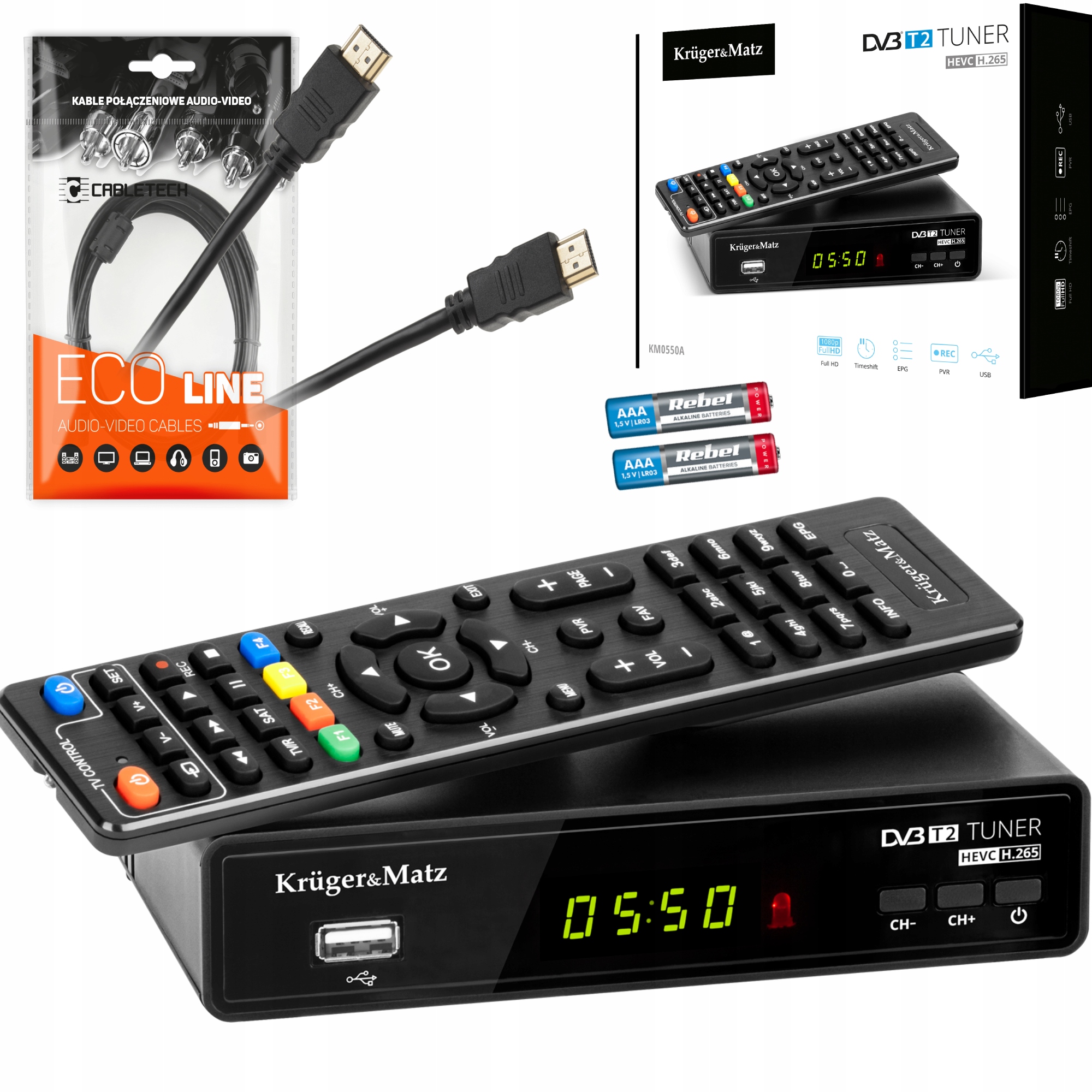 Kruger&matz H.265 DVB-T2 tuner + HDMI 2.0 kábel Cabletech KPO4007-1.2 1,2 m čierny